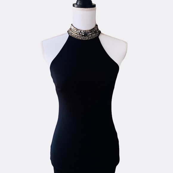 BEBE EMBELLISHED HIGH NECK BLACK BODYCON MINIDRESS - Picture 2 of 16